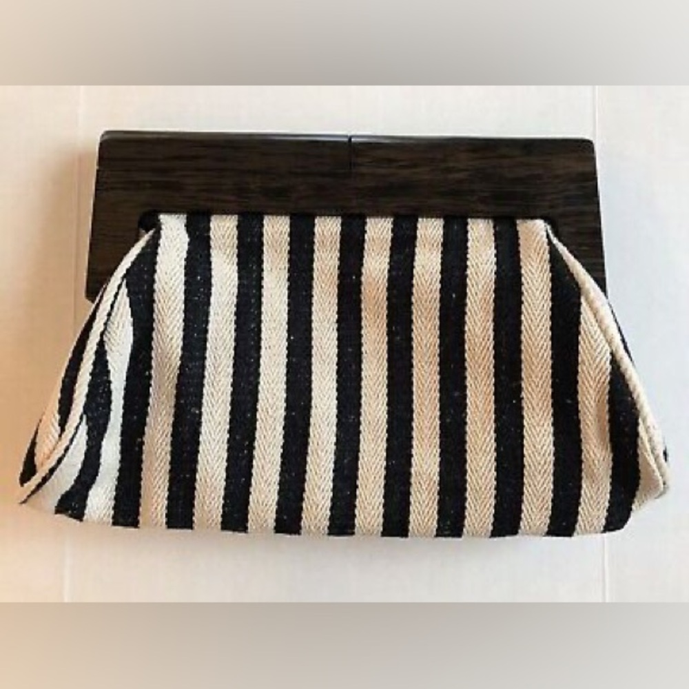 Natasha Clutch Handbag Canvas Cream & Black Stripes Magnetic Closure Casual